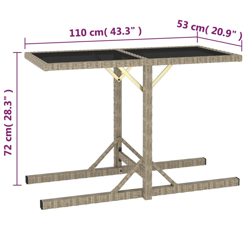 Stół ogrodowy, beżowy, z polirattanu ze szklanym blatem, 110 x 53 x 72 cm, odporny na warunki atmosferyczne, na balkon, taras, do ogrodu i na taras