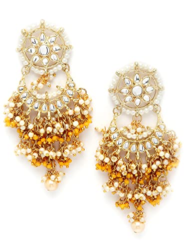 Image of Karatcart Yellow Crystal and Pearl Kundan Dangler Earrings for Women