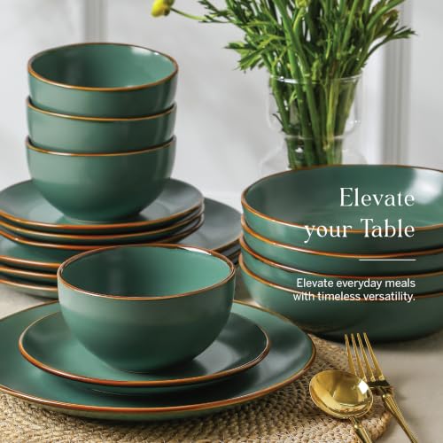 Image of Stone Lain Brasa Stoneware 32 Piece Modern Dinnerware Sets, Plates and Bowls, Service for 8, Green, Microwave & Dishwasher Safe