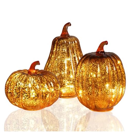 27+ Enchanting Vintage Halloween Decorations to Elevate Your Spooky Season 2 Fall Lighted Glass Pumpkins Set of 3 – Battery Operated Mercury Glass Pumpkin Decor with LED Lights, Autumn Thanksgiving Halloween Table Centerpiece Decorations for Home, Fireplace, Mantel, 8"/7"/6"