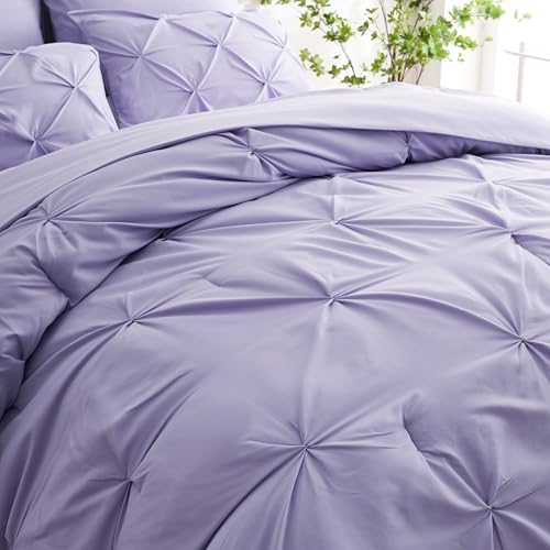 Ubauba 7pc King Size Comforter Set with Sheets, All Season Pintuck 7 Piece Bedding Sets Light Purple, Pinch Pleating Bed in a Bag Set with Comforters (Lavender,King)