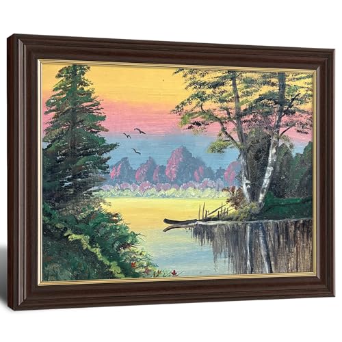 Image of Antique Framed Sunset Lake Canvas Wall Art, Retro Forest Landscape Oil Painting Canvas Prints, Vintage Nature Wall Decor Pictures for Living Room Bedroom Office