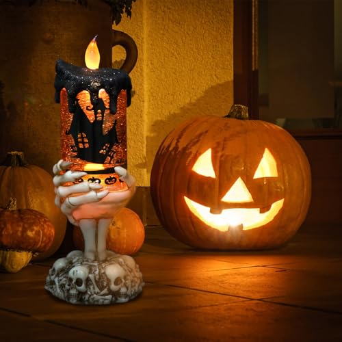 Image of Eldnacele Halloween Snow Globe Candles Lighted Lamp USB Powered Battery Operated Spooky Spinning Water Glittering Tornado Flameless Candles Skeleton Hand Holder Halloween Centerpiece Decor(Castle)
