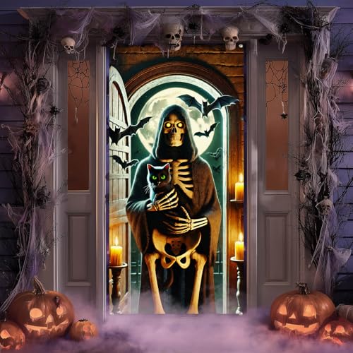 Image of BlissYard Halloween Door Cover Skeleton Black Cat 35x71 Inch Polyester