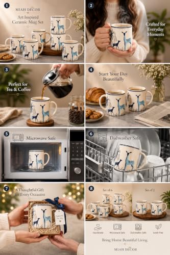 Image of miah decor Ceramic Tea Cups Set of 6 - Cream Blue | Handcrafted Stoneware Matte Deer & Bird Finish | Microwave & Dishwasher Safe Coffee Cups & Mugs for Home, Office & Gifting - Every Occasion | 350ml