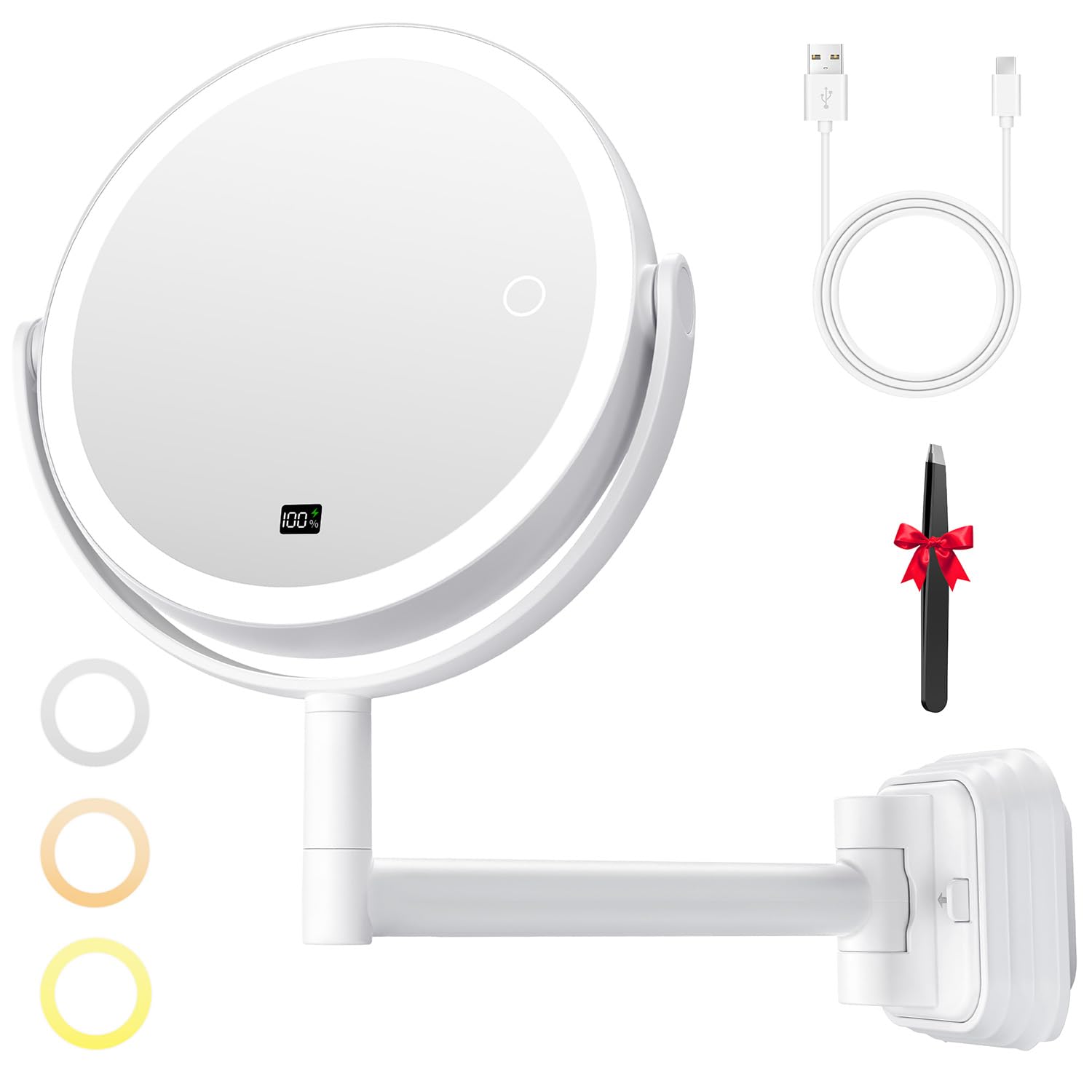 Auxmir Specchio Trucco con Ingrandimento 30X/1X, Specchio da Parete a LED Con o Senza Foratura, Estensibile e Rotazione a 360°, 3 Colori di Luce Regolabile, Ricaricabile 2000mAh per Bagno Hotel Spa