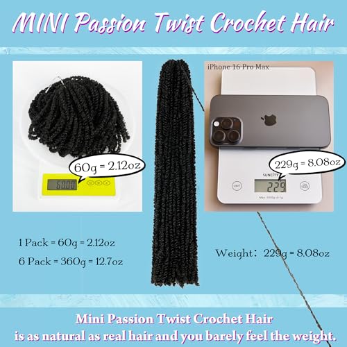 Mini Passion Twist Crochet Hair for Black Women-18 Inches 6 Packs Natural Black Pre Twisted Elastic and Cuttable Hair Extensions,Braided by Soft Synthetic Twist Bohemian Curl(18"-6P,1B)