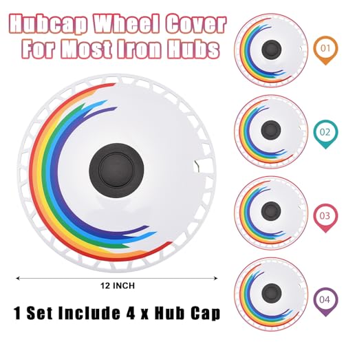 Image of White with Rainbow Hubcap Wheel Cover Replacement Kit 12 inch Hub Caps Wheel Rim Cover Snap-On Full Coverage Hubcaps Car Exterior Accessories Set of 4, 12 inches