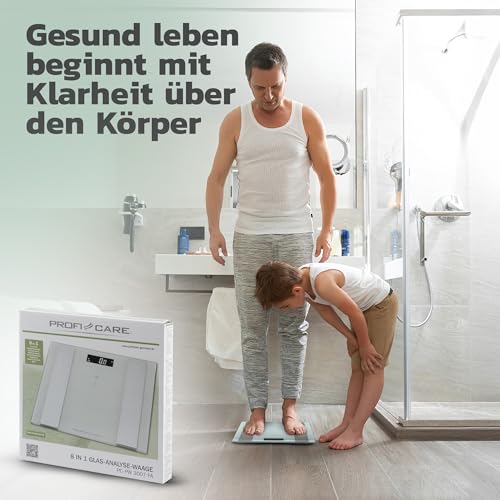 ProfiCare 8in1 Glas-Analyse-Waage, Personenwaage mit Körperfettanalyse, digital mit Step-On-Automatik, mit hochwertiger Wiegefläche… – Ansicht 6