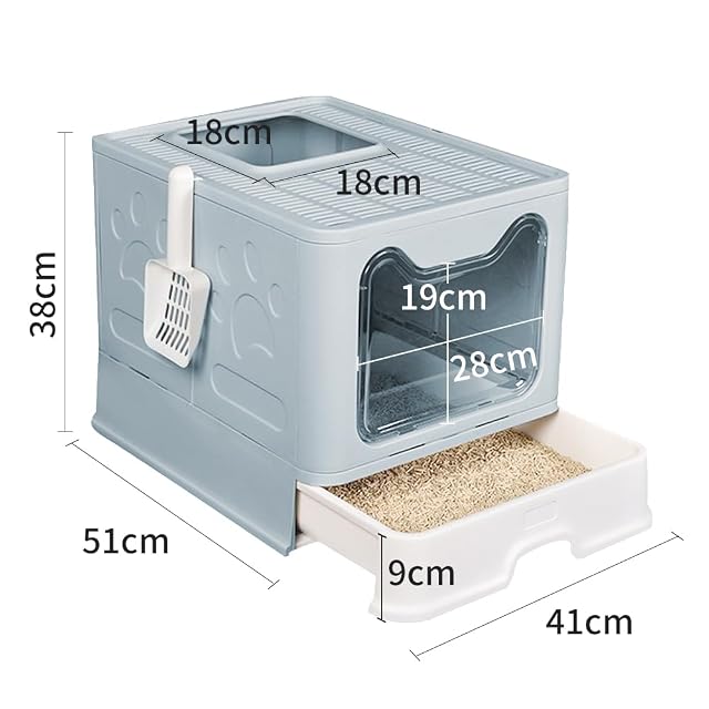 Foto 3 de 8 de Arenero para gatos cerrado, gran caja de arena plegable con techo a abrir, bandeja y pala extraíbles