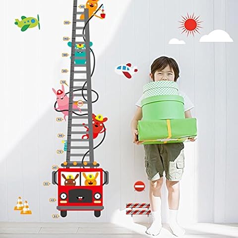 Wallpark Cute Rabbit Fireman Cartoon Fire Truck Height Sticker, Growth Height Chart Measuring Removable Wall Decal, Children Kids Baby Home Room Nursery DIY Decorative Adhesive Art Wall Mural Cover