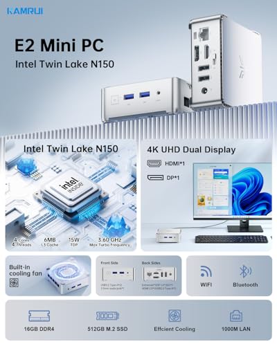 Image of KAMRUI Essenx E2 N150 Micro PC, 16GB DDR4 512GB SSD Small Computers, Twin Lake-N N150 PC(Beat N100 /N95, up to 3.6GHz) PC Gigabit Dual 4K,WiFi,BT Office /Home /Business