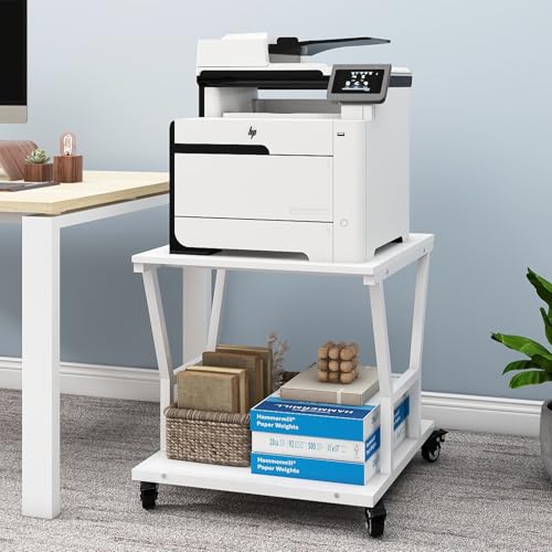 Natwind 2 Tier Large Printer Stand, 23.6''x23.6''x23.6'' Heavy Duty Printer Table, Copier Stand with Wheels and Paper Storage Shelf for Home Office (White)