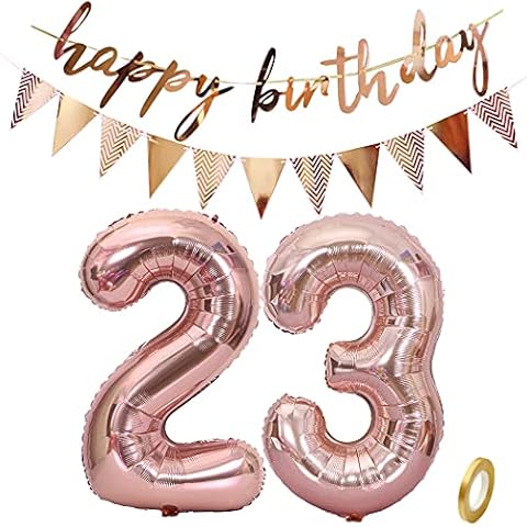 Daimay Birthday Party Decorations Set Rose Gold Number 23 Foil Balloons Shiny Happy Birthday Letter Sparkly Paper Pennant Banner Bunting Hanging Decor for Happiness 23th Birthday Cover