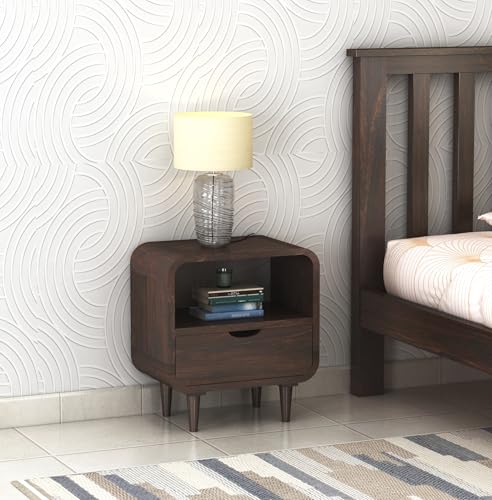 Image of Sheesham Wood Bedside Table with One Drawer and Open Shelf Stoarge for Bedroom Living Room Office Furniture End Table, Nightstand, Sofa Side Table (Walnut Finish)