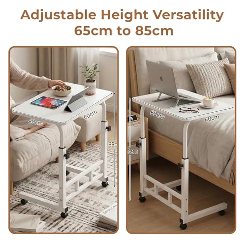 Image of HomeEssentials Multipurpose Mobile Laptop Desk: Height Adjustable Computer Table with Lockable Wheels - Portable Workstation for Bed, Sofa, and Home Office (Snow White)