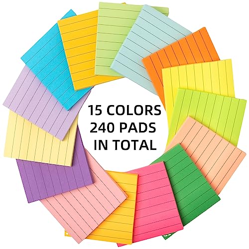 Image of Seajan 240 Pads 3 x 3 Inch Sticky Notes Notepads Multi Bright Colors Self Sticky Pads for Students Teachers School Office Supply Desk Accessory 15 Colors, 50 Sheets Each(Neon,Line)