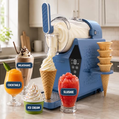 Olsen & Smith Soft Serve Ice Cream Maker & 3-in-1 Slushie Machine Slush Slushy Frozen Cocktail Margarita Milkshake Sorbet Frappe & Iced Coffee Maker Self-Cleaning No Ice Home Bar Blue