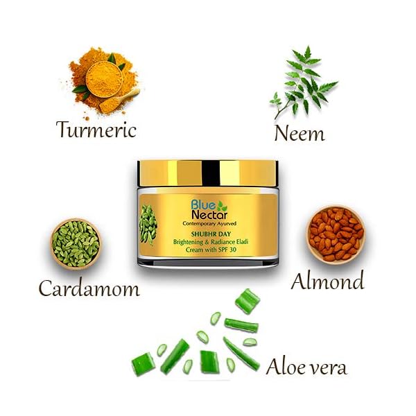Blue-Nectar-Brightening-and-Radiance-Eladi-Cardamom-Cream-with-SPF-30-Women-50-g Blue Nectar Face Moisturizer with SPF 30 for Sun Protection | Plant Based Day Suncreen Face Cream for Women for Use as Facial Moisturizer for All Skin Types (19 Herbs, 1.7 Oz)