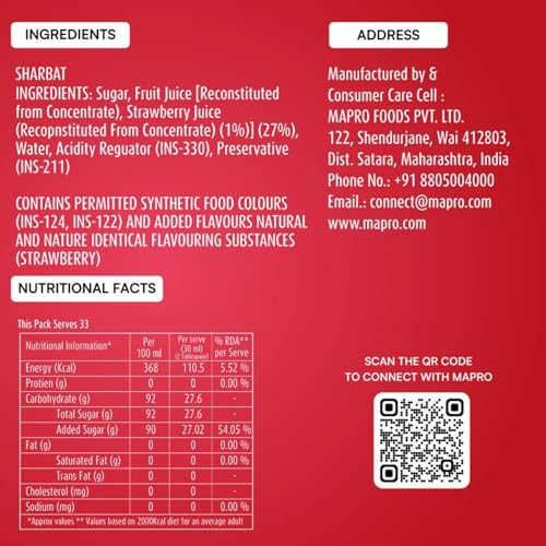 Image of Mapro Lounge Strawberry Cocktail Mixer Mocktail Mocktail Fruit Syrup - 1L |Contains Real Fruit Juice| Gluten Free| Zero Cholestrol