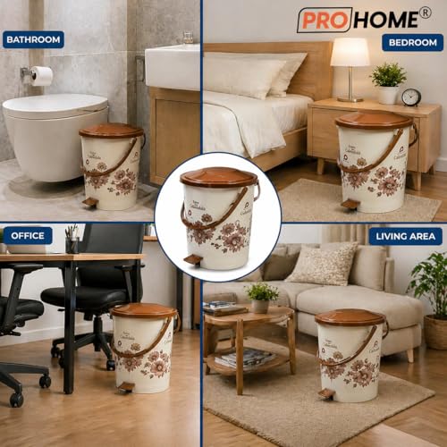 Image of PROHOME Calendula Floral Plastic Pedal Dustbin for Home, Office, Kitchen, Bathroom & Bedroom | Trash Can /Garbage Waste Bin with Lid & Handle (15L, Ivory)