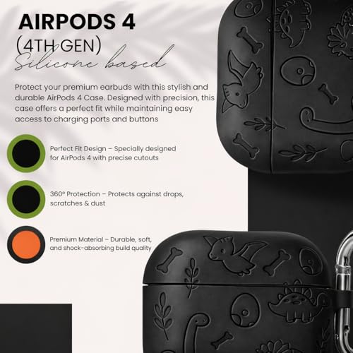 Image of Emoh Roced Case for Airpod 4 with Keychain,Silicone Dinosaur Engraved Cases Compatible with Apple AirPods 4th Generation 2024, Anti-Scratch, Protective Case Cover (Black, for AirPods 4)