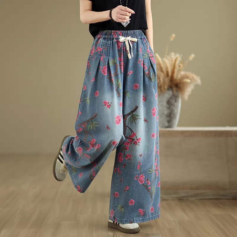 Duberess Women's Floral Print Destressed Wide Leg Jeans Summer Loose Fit Cropped Denim Pants with Elastic Waist