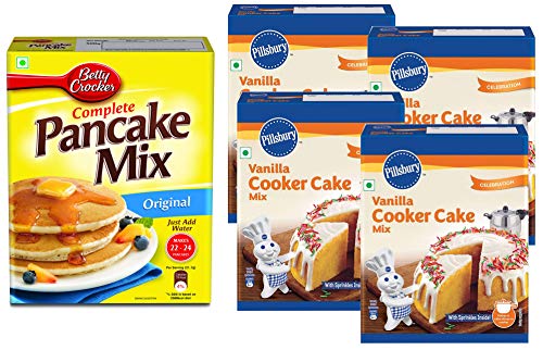Image of Betty Crocker Pancake Mix, Original 500 Gram And Pillsbury Cooker Cake Mix, Vanilla (Eggless), 159 G X Pack Of 4, 636 G