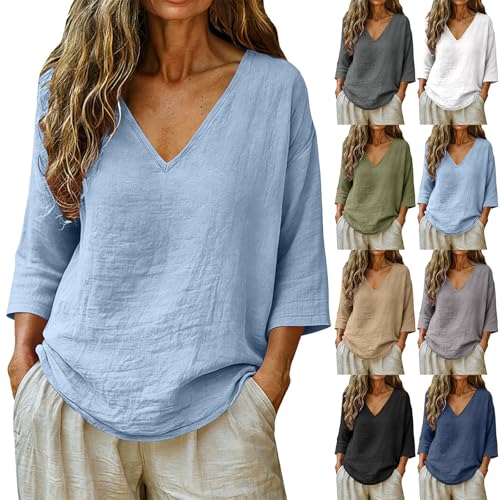 Classic Clothes for Women Over 50 Womens Summer Tops Casual Linen Cotton Tunic Blouse 3/4 Sleeve...