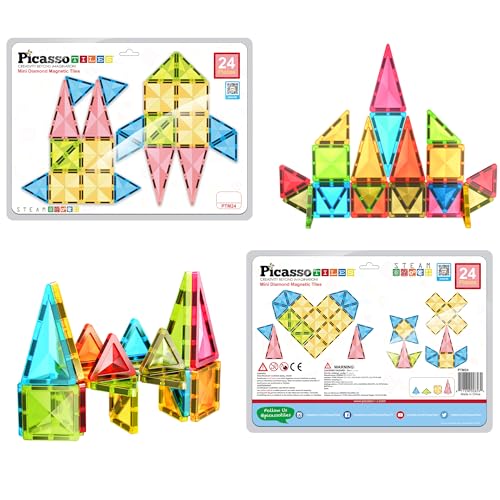 PicassoTiles Magnetic Tile 24pc Mini Diamond Magnetic Building Blocks Set Travel Size STEM Educational Construction Toy Portable Hands On Learning Creative Open Ended Play for Kids Ages 3 Plus PTM24