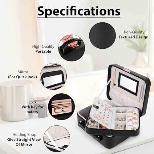 Image of BUCKETLIST PU Leather Jewellery Organizer Box with Mirror & Necklace Hooks | Large Multi-Compartment Jewelry Storage Case with Removable Tray & Mini Travel Box (Luxury Jewelry Box with Mirror (Black)