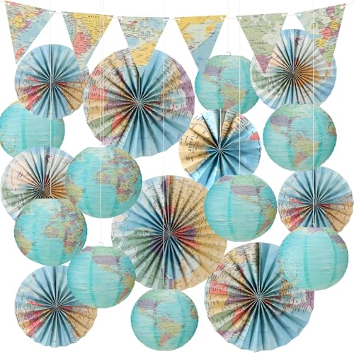 Tujoe 19 Pcs Map Classroom Decorations Travel Themed Party Decorations Globes Hanging Paper Lantern Fans Triangle Flags Banner for Home Earth Chinoiserie Theme Party(Green)