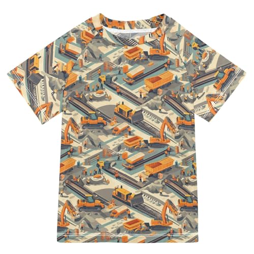 Matching Bathing Suits for Kids Short Sleeve Rash Guard Boys 7T Construction Scene Build A Railway Bulldozer Dump Truck