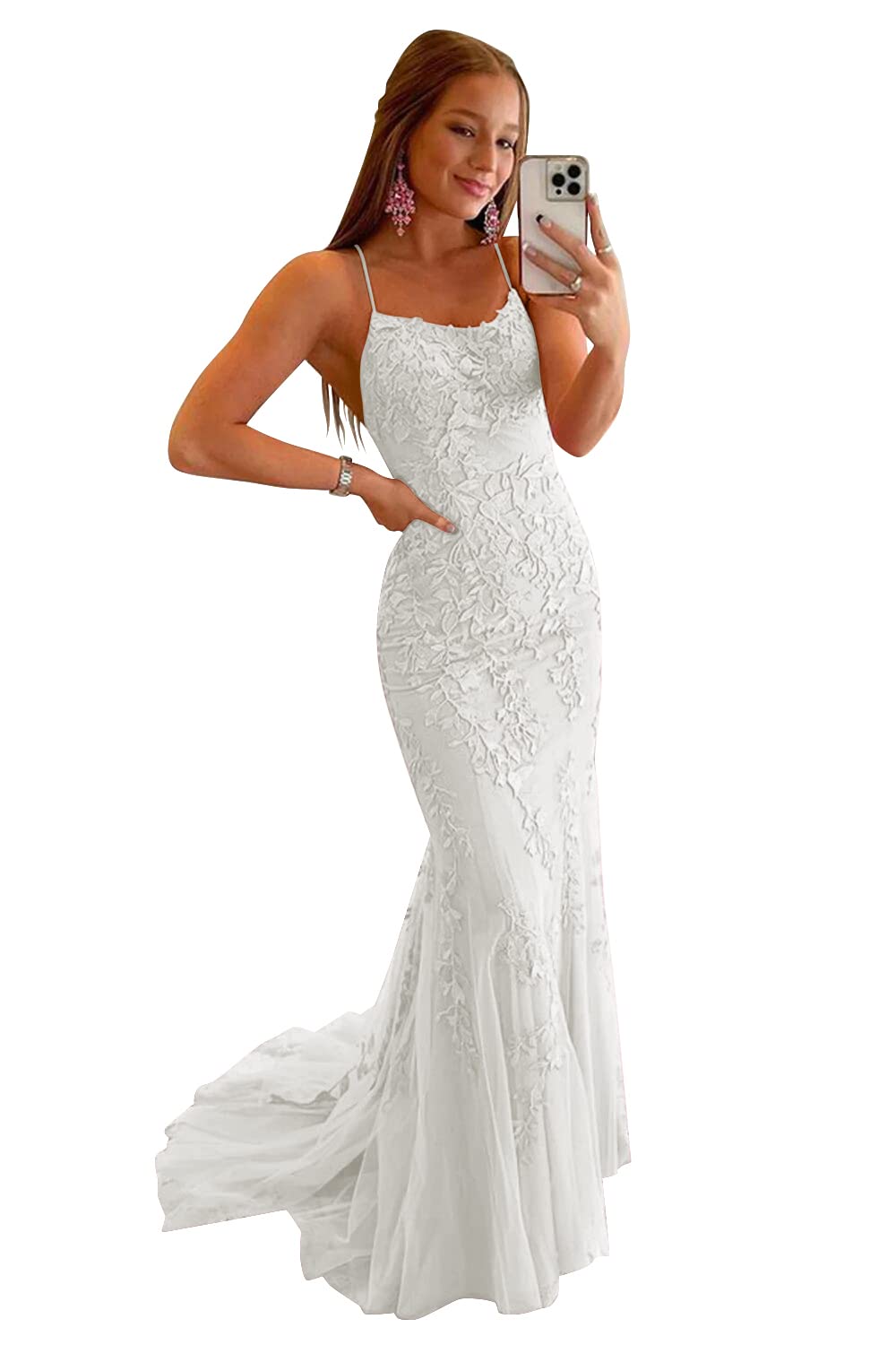 Clothfun Women's Long Lace Prom Dresses Mermaid Spaghetti Straps Backless Formal Evening Gowns