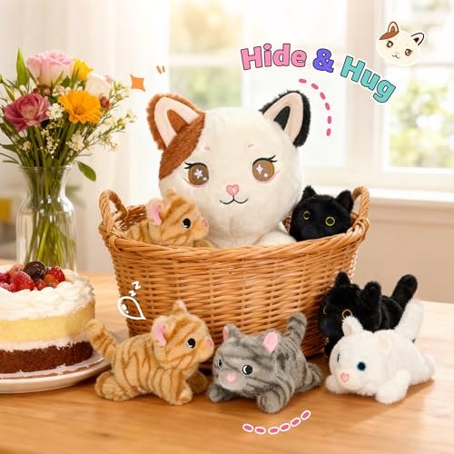 Image of Onsoyours Original 5PC Cat Stuffed Animals with Babies Inside, Kawaii Kiity Plush with Mommy & 4 Kittens - Cute Plushies Toys for Girls Kids (White)