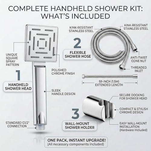 Image of Marcoware ABS Maze Square Design Bathroom Hand Shower set with 1.5 Meter Ultra Flexible Hose & Wall Mount Hook, Chrome, Polished Finish