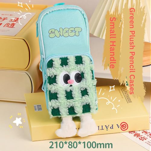 Image of Cute Green Pencil Pouch with Push-Pull Eraser Set for Kids | Soft Plush Cartoon Stationery Combo | School Supplies for Boys & Girls | Multi-Pocket Zipper Case + Eraser | Gift Pack