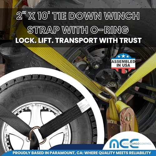 Image of Mega Cargo Control 2 inch x 10' D-Ring Lasso Strap & Recovery Auto Tie Down for Wheel Lift, Trailer, Tow Truck (4 - Pack)