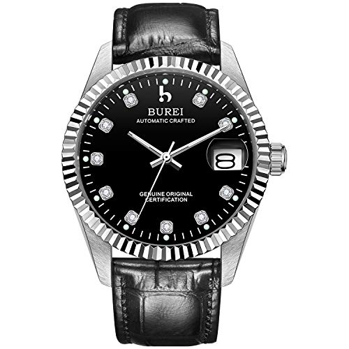 Preisvergleich Produktbild BUREI Herren Automatikuhr Business Mechanische Armbanduhr Schwarzes dial Saphirglas Linse und Datumskalender Schwarzes Lederarmband