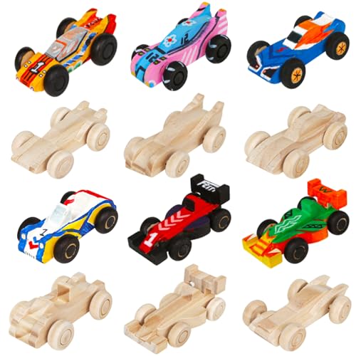 WANTKA 12 Pieces Unfinished Wooden Cars Wood DIY Cars Arts and Crafts Kit for Students Home Activities Easy Woodworking and Family Time (Paints and Brushes not Included)