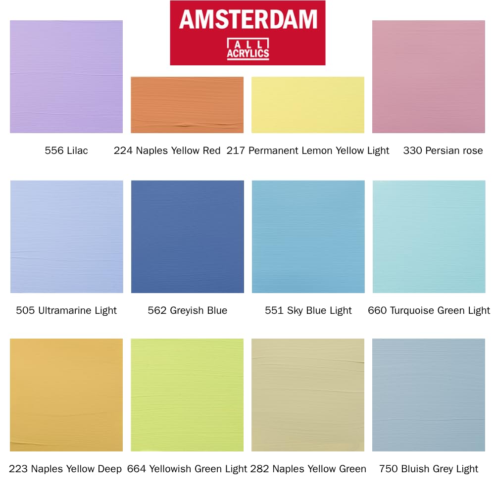 Amsterdam Acrylfarben Set Komplett mit 12 x 20 ml Pastellfarben, 5 x 120 ml Grundfarben & 250 ml Titanweiß – Profi Malset für Künstler & Anfänger