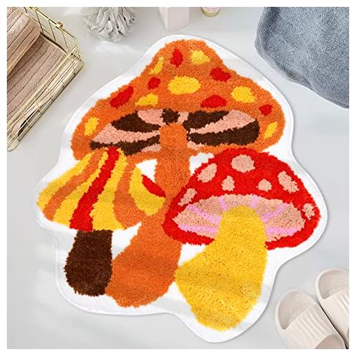 Percozzi Mushroom Tufted Rug Boho Funny Bath Mat for Tub Non Slip Shower Mat Washable Groovy Absorbent Soft Bathroom Carpet Retro Shaggy Bathmat Trendy Floor Pad Cute Home Essentials Decor 23.3*23.6