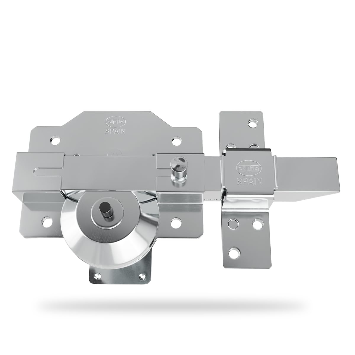 Amig - Cerrojo de Sobreponer con Resbalón de Alta Seguridad - Cilindro 50 mm - 90 x 154 mm - Acero - Cromado Brillo - Antibumping y Antitaladro - Cierre a la Izquierda
