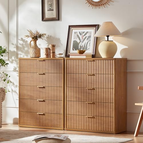LEYAOYAO Fluted 5 Drawers Dresser Set of 2, 41" Tall Modern Chest of Drawers with Metal Handle, Curved Profile Dresser TV Stand, Wooden Drawer Organizer for Bedroom, Living Room, Hallway, Navy Blue
