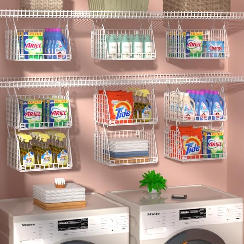 Image of PUPPYCUTE 3-Pack Laundry Room Organization and Storage, Hanging Wire Basket for Laundry with 360Rotating Hooks, Over Washer and Dryer Shelves, Laundry Organizers and Storage Basket, White