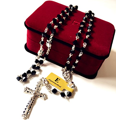 elegantmedical silver skull Beads black Crystal 5 Decade rosary cross crucifix Catholic Necklace2