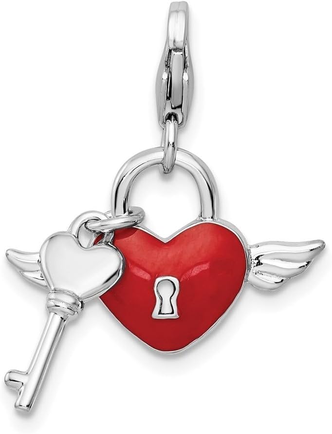 Amore La Vita Sterling Silver Rhodium-plated Polished Reversible Red Enameled Winged Heart and Key with Crystal From Charm with Fancy Lobster Clasp