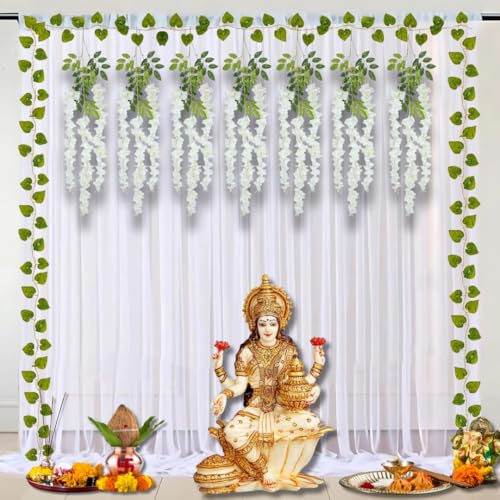 Image of Shimmers Wedding Decoration Kit Set of 14 - White Net Curtains 8x4 Ft, Artificial Wisteria Flowers & Money Plant Strips with Ribbon & Hooks for Mehndi, Ganpati Decoration Backdrop Decor