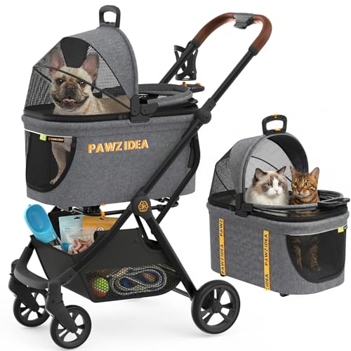 PAWZIDEA 4-in-1 Pet Stroller for Small Medium Dogs & Cats, Foldable Dog Stroller with Detachable Carrier, Escape-Proof No-Zip Canopy, Lightweight Portable Travel Crate & Car Seat Combo, Storage Basket