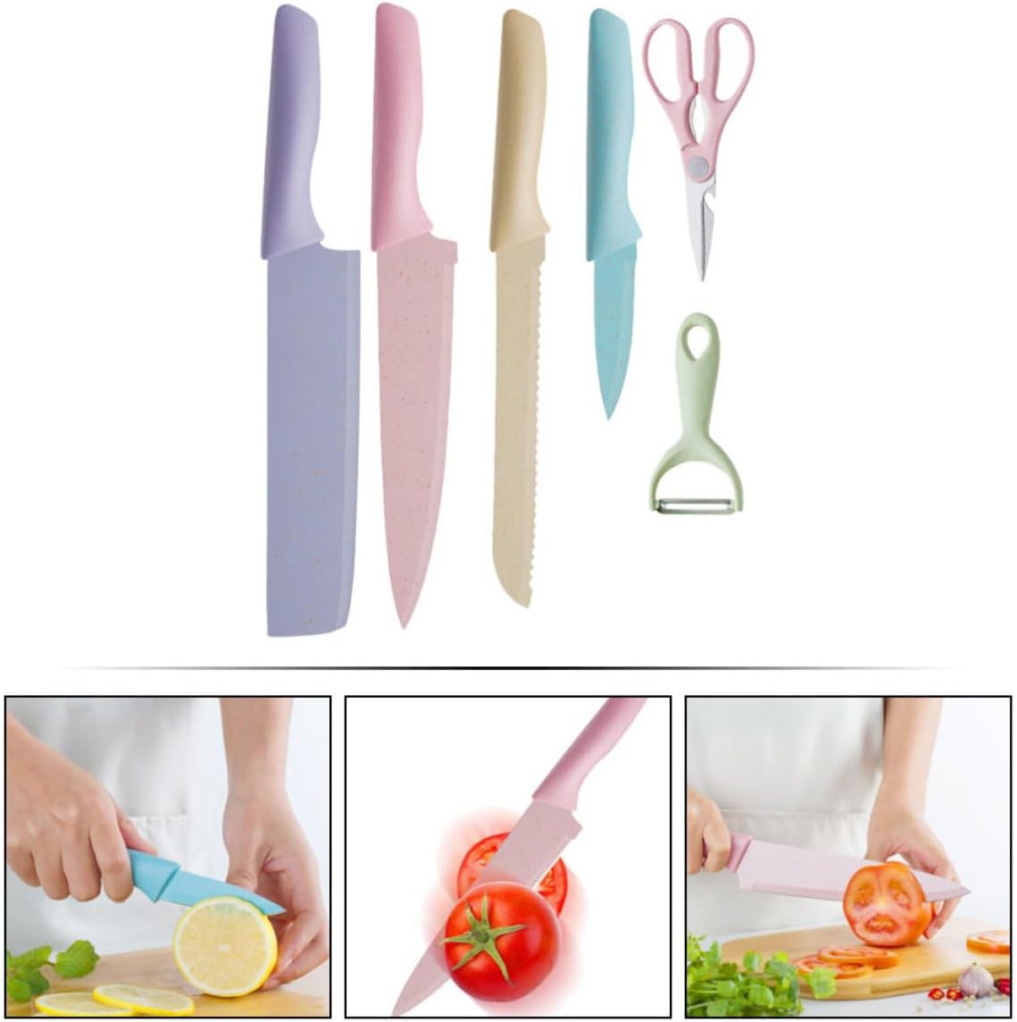 Gadpiparty Professional Kitchen Knives Set 6pcs Colorful Cutter Kit Including Peeler and Scissors Multipurpose Chef Knives for Home Cooking and Kitchen Supplies Random Color